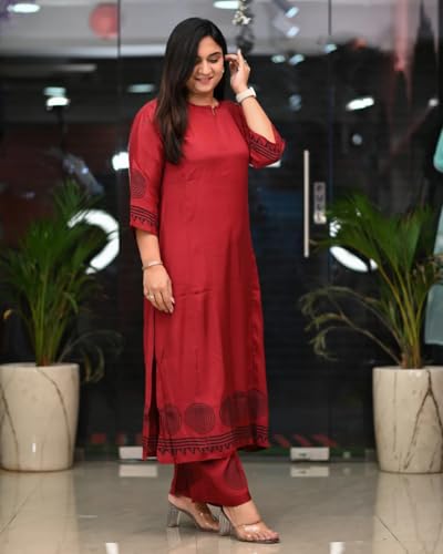 Anni Designer Women'S Rayon Viscose Straight Printed Kurta With Pant (Ramkund Red_Xxl_Red_Xx-Large),Red,2XL,Rayon,Regular,
