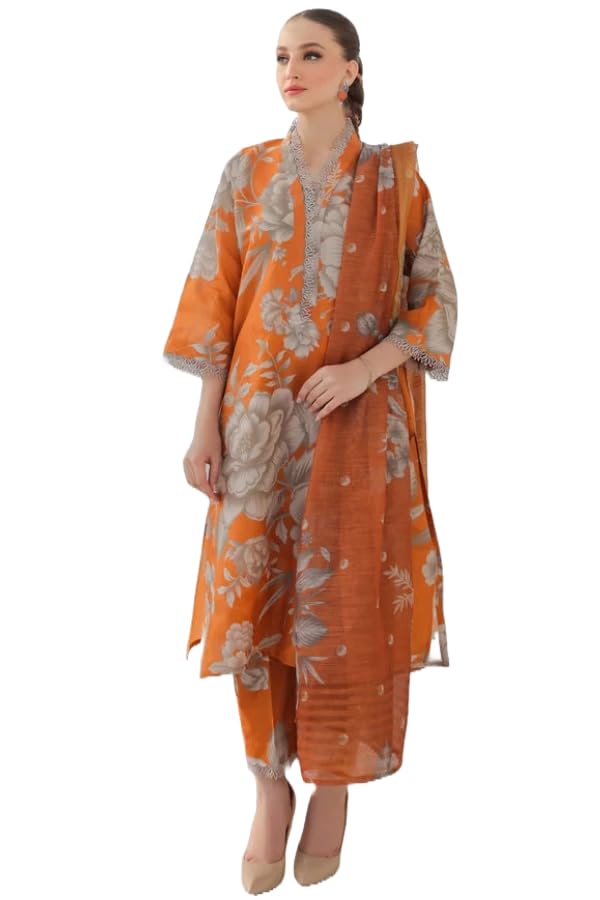 Anni Designer Women'S Rayon Viscose Printed Straight Kurta With Pant & Dupatta (Zena Orange_L_Orange_Large),Orange,L