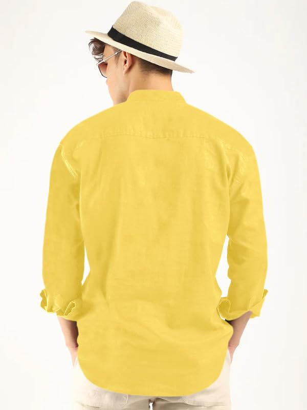 Royalscout Men'S Cotton Polyester Blend Solid Regular Fit Full Sleeve Short Kurta Yellow Yellow M Jm_Button_Yellow_M