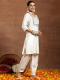 Libas Gerua Womens Yoke Design Silk Blend Straight Kurta With Trousers And Dupatta White Xs