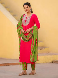 Gosriki Women'S Rayon Blend Embroidered Straight Kurta With Pant & Dupatta (Dhaya Pink-Gs_S_Pink_Small),Pink,,B0CYGHGDNX