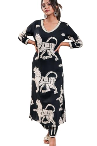 Anni Designer Women'S Cotton Blend Straight Printed Kurta With Pant (Lanka-Black-Ns_S_Black_Small),Black,S
