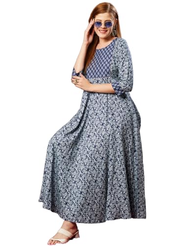 Gosriki Women'S Cotton Blend Anarkali Printed Kurta With Pant (Ghera Blue-Gs_L_Blue_Large),Blue,,B0D73W97XJ
