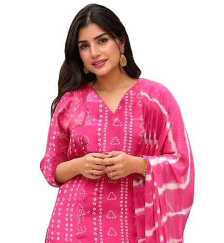 Anni Designer Women'S Rayon Viscose Straight Bandhej Printed Kurta With Pant & Dupatta (Baghira Pink-Vks02_M_Pink_Medium),Pink,M