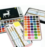 LUOSHI 45 Colors Solid Watercolor Paint Set Metal Box Painting Pigment With Water Brush,yellow sponge,Mop brush, Art Outliners,2