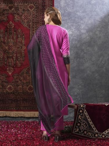 Anni Designer Women'S Rayon Blend Straight Printed Kurta With Pant & Dupatta (Radhani Pink-Vks02_Xl_Pink_X-Large),Pink,XL,Rayon Blend,Regular,