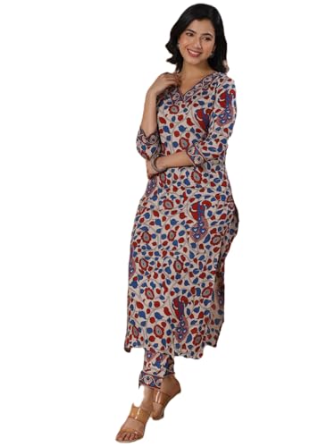 Anni Designer Women'S Rayon Blend Straight Printed Kurta With Pant (Nakari Cream-Nws_Xxl_Cream_Xx-Large),Cream,2XL