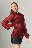 OM SAI LATEST CREATION Tops for Women || Transparent Mesh Long Cuff Sleeves Shirt Tops for Women || Shirt Style Tops for Women || Button Down Shirts || Sheer Shirt for Women. (X-Large Red),Red