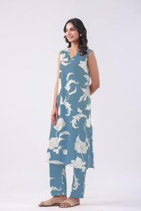 Anni Designer Women'S Rayon Viscose Straight Printed Kurta With Pant (Teras Sky Blue_L_Sky Blue_Large),Sky Blue,L,Rayon,Casual,