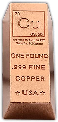 1 Pound Copper Bar Ingot Paperweight - .999 Pure Copper Bar Bullion Chemistry Element Design with Certificate of Authenticity by