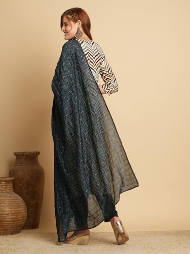 Gosriki Women'S Cotton Blend Straight Printed Kurta With Pant & Dupatta (Kamkoj Navy Blue-Gs_L_Navy Blue_Large),Navy Blue,,B0D9WCGM1N