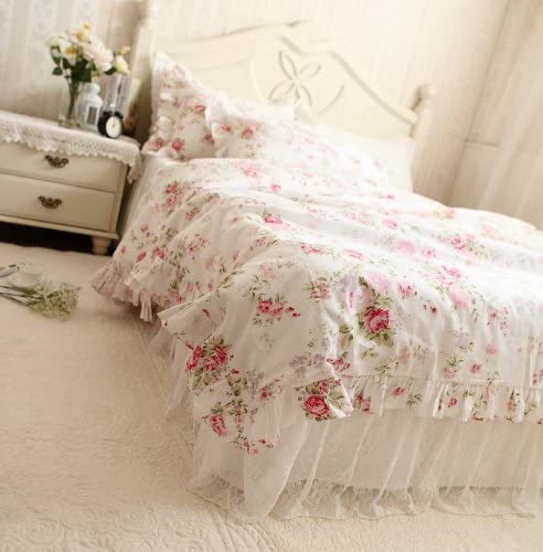 Kolachic Country Rose Roses Pink Floral Flower Duvet Cover Bedding Set 3 Pieces, 1 Duvet Cover & 2 Pillowcases 100% Cotton (Quee