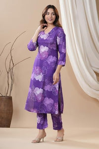 Anni Designer Women'S Cotton Blend Calf Length Printed Straight Co-Ord Set (710 Violet_Purple_Small),Purple,S,Cotton Blend,ANNI DESIGNER Women's Cotton Blend Straight Printed Co-Ord Set (710 Violet),Kurta