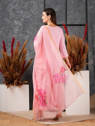 Anni Designer Women'S Cotton Blend Anarkali Solid Kurta With Pant & Dupatta (Saniba Baby Pink_L_Baby Pink_Large),Baby Pink,L,Cotton Blend,Anarkali,Kurta, Scarf