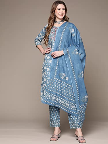 Anubhutee Women Blue Floral Printed Pure Cotton Kurta With Trousers & Dupatta Blue M