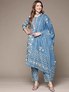 Anubhutee Women Blue Floral Printed Pure Cotton Kurta With Trousers & Dupatta Blue M