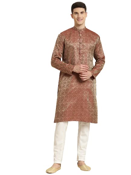 Sojanya (Since 1958 Men'S Jacquard Silk Maroon Self Design Kurta & Off White Churidar Pyjama Set