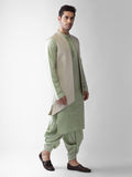 Kisah Mens Kurta Jacket Dhoti Set, Silk Blend Jacquard Mandarin Collar Long Sleeves, Beige Ethnic Wear Set For Men, 40