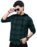 Eyebolger Mens Checkered Hooded Neck Full Sleeve T-Shirt Teal Blue Black,Teal Blue BlackApparel,L