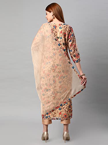 Anni Designer Women'S Rayon Floral Printed Straight Kurta With Pants & Dupatta (Madhubani Beige-Sm_L_Beige_Large),Beige,L,Rayon,Regular,