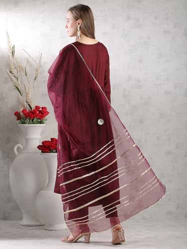 Gosriki Women'S Rayon Blend Anarkali Solid Kurta With Pant & Dupatta (Jaynti Wine-Vks03-Gs_S_Wine_Small),Wine,,B0DJWJTLCY