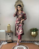 Anni Designer Women'S Cotton Blend Straight Printed Kurta With Pant (Dhun Wine_L_Wine_Large),Wine,L,Rayon Blend,Straight,