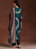 Libas Womens Printed Silk Blend Straight Kurta With Trousers And Dupatta Teal Blue Xl