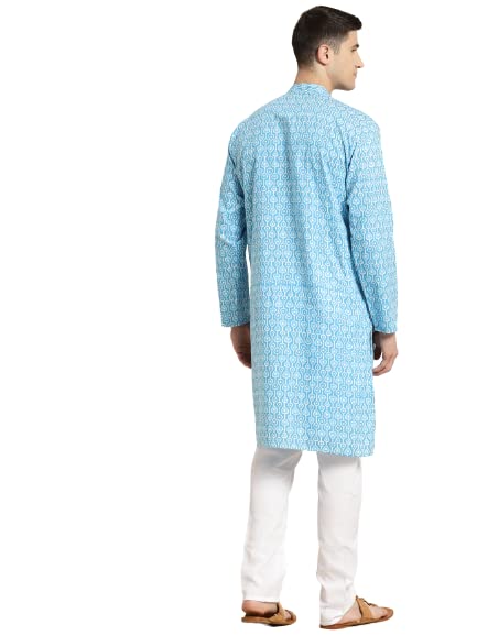 Sojanya (Since 1958 Men'S Cotton Turquoise Blue & White Print Kurta & White Churidar Pyjama Set