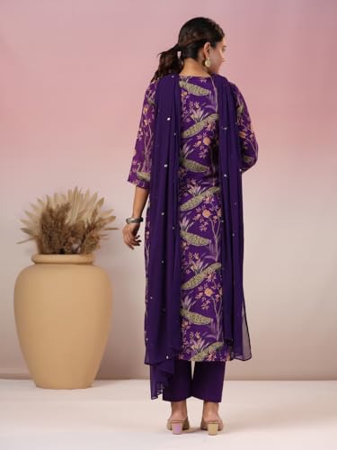 Anni Designer Women'S Rayon Blend Printed Straight Kurta With Pant & Dupatta (Geto Blue-Nw_L_Blue_Large),Blue,L,Rayon Blend,Regular,