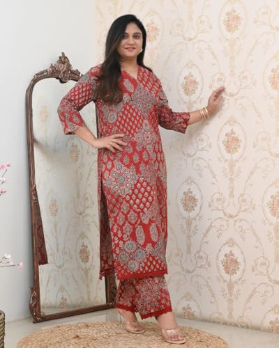Anni Designer Women'S Rayon Viscose Straight Printed Kurta With Pant (Kadai Red-Vks01_Xxl_Red_Xx-Large),Red,2XL,Rayon,Regular,