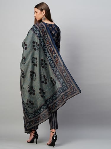 Anni Designer Women'S Cotton Blend Straight Printed Kurta With Pant & Dupatta (Bagwara Blue-Kbv_Xxl_Blue_Xx-Large),Blue,2XL,Cotton Blend,Regular,