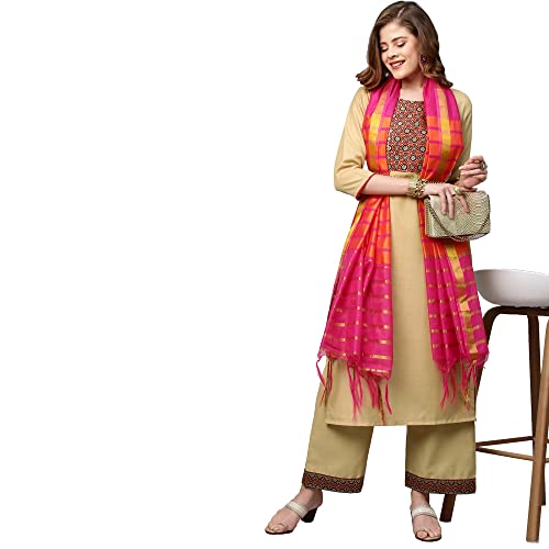 Anni Designer Women'S Cotton Blend Kurta With Palazzo & Dupatta (Zuri_Beige_Xl),Beige,XL