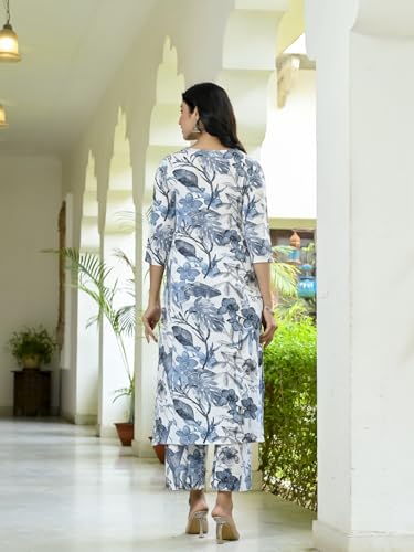 Anni Designer Women'S Cotton Blend Straight Printed Kurta With Palazzo (Chinki White-Nw_M_White_Medium),White,M,Cotton Blend,Classic,