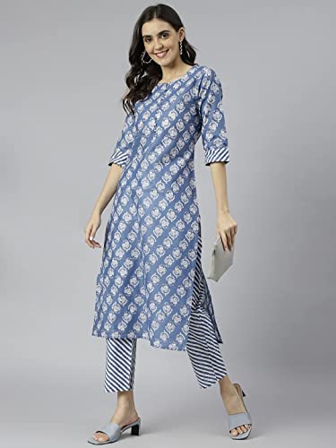 Anni Designer Women'S Cotton Blend Straight Printed Kurta With Pant (Funnu Blue New_L_Blue_Large),Blue,L,Cotton Blend,Straight,Pants