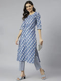 Anni Designer Women'S Cotton Blend Straight Printed Kurta With Pant (Funnu Blue New_L_Blue_Large),Blue,L,Cotton Blend,Straight,Pants