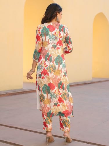 Anni Designer Women'S Rayon Blend Straight Fit Printed Kurta With Pant (Samlok White_L_White_Large),White,L,Rayon Blend,Regular,