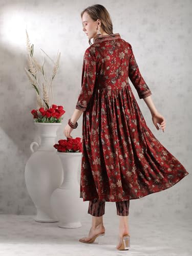 Gosriki Women'S Rayon Blend Anarkali Printed Kurta With Pant (Gunba Maroon-Gs_Xxl_Maroon_Xx-Large),Maroon,2,B0DJWH61LM