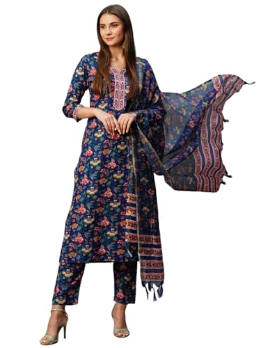Gosriki Women'S Cotton Blend Straight Printed Kurta With Pant & Dupatta (Jdp Blue-Kbv-Gs_S_Blue_Small),Blue,,B0CNLZS2LF