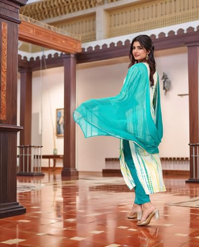 Anni Designer Women'S Rayon Viscose Straight Printed Kurta With Pant & Dupatta (Tiedye Rama Green-Vks08_L_Green_Large),Green,L,Rayon Viscose,Regular,