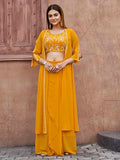 Womanista Women'S Georgette Solid Straight Embroidered Kurta Set (Kurtaset_1386_Yellow Yellow M