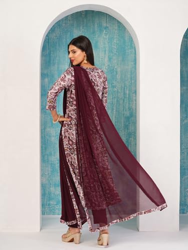 Anni Designer Women'S Cotton Blend Straight Printed Kurta With Pant & Dupatta (Ramna Wine_Xxl_Wine_Xx-Large),Wine,2XL,Cotton Blend,Regular,Kurta, Scarf