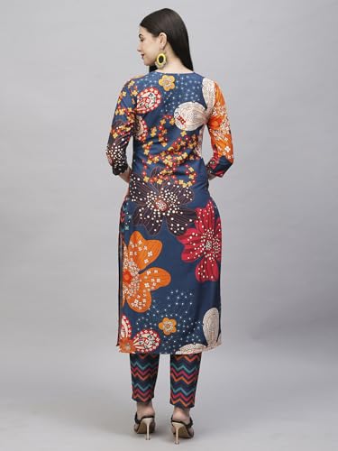 Anni Designer Women'S Cotton Blend Straight Printed Kurta With Pant (Wahida Blue_L_Blue_Large),Blue,L,Cotton Blend,Wahida_1428,Kurta