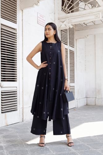 Anni Designer Women'S Rayon Viscose A-Line Printed Kurta With Palazzo (Rawana Black_S_Black_Small),Black,S,Rayon,Casual,