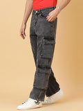 Kotty Men'S Solid Mid Rise Straight Fit Stylish Looking Cargo Jeans(Grey,30)