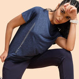 Enamor Dry Fit Antimicrobial Crew Neck Workout Tee For Women With Reflective Graphic(A309_Navy Melange - Active Reflective_S)