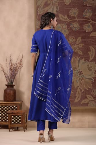 Gosriki Women'S Rayon Blend Anarkali Solid Kurta With Pant & Dupatta (Nirmooha Royal Blue-Vks01-Gs_S_Blue_Small),Blue,,B0DG2Y8RX1