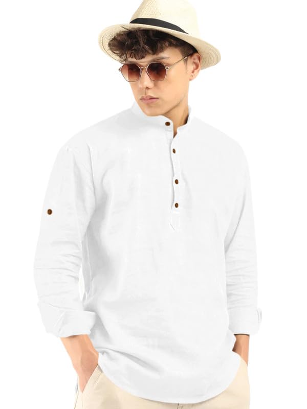 Royalscout Men'S Cotton Polyester Blend Solid Regular Fit Full Sleeve Short Kurta White