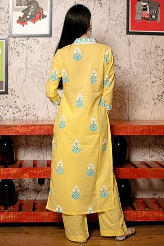 Anni Designer Women'S Cotton Blend Straight Hand Block Printed Kurta With Pant & Dupatta (Belagavi Mustard_M_Mustard_Medium),Mustard,M,Cotton Blend,Regular,