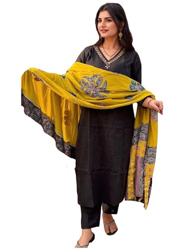 Anni Designer Women'S Rayon Viscose Straight Solid Kurta With Pant & Dupatta (Fronx Black-Vks04_S_Black_Small),Black,S