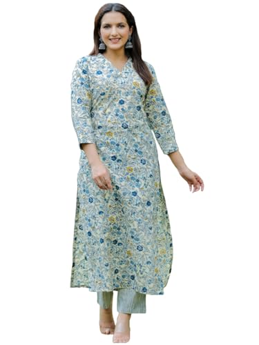 Anni Designer Women'S Cotton Blend Straight Printed Kurta With Pant (Dhulika Blue_M_Blue_Medium),Blue,M